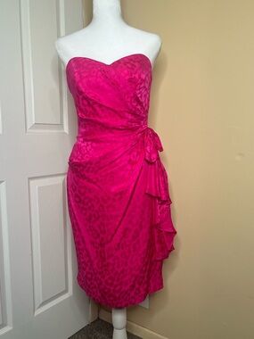 Vintage 1980s Strapless Silk Fuchsia Leopard Print Ruched Cocktail Dress Size 6